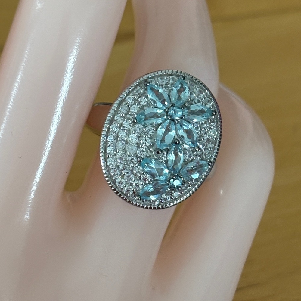 Genuine Natural Blue White Zircon Cocktail Ring 3.75 TCW Floral Statement Size 7